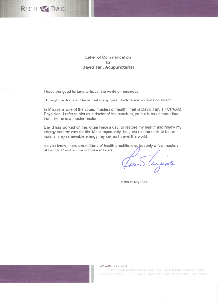 Letter of Commendation for David Tan by Robert Kiyosaki